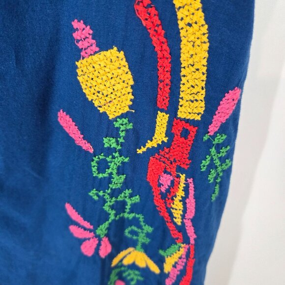 Farm Rio Blue Cross Stitch Embroidered Midi Dress w/ Ruffle Women's Size Medium - Picture 5 of 12